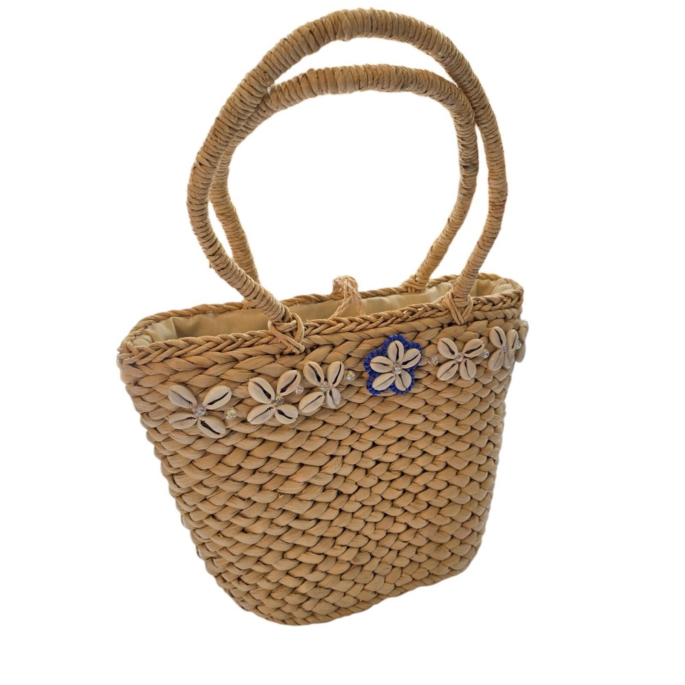 Straw Basket Tote Handbag Shells Lined Resort Golden Girls 80's Retro Beachy GUC